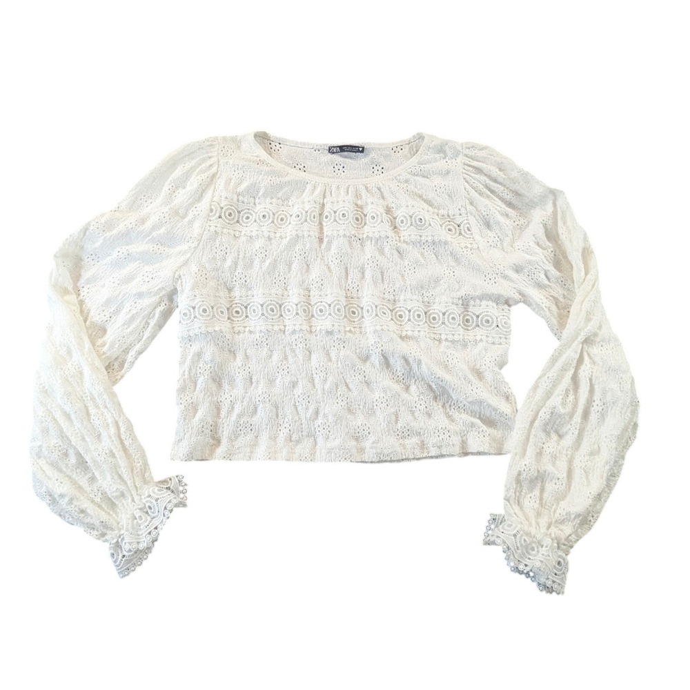 Zara White Eyelet Lace Crochet Boho Balloon Sleeve Blouse Large